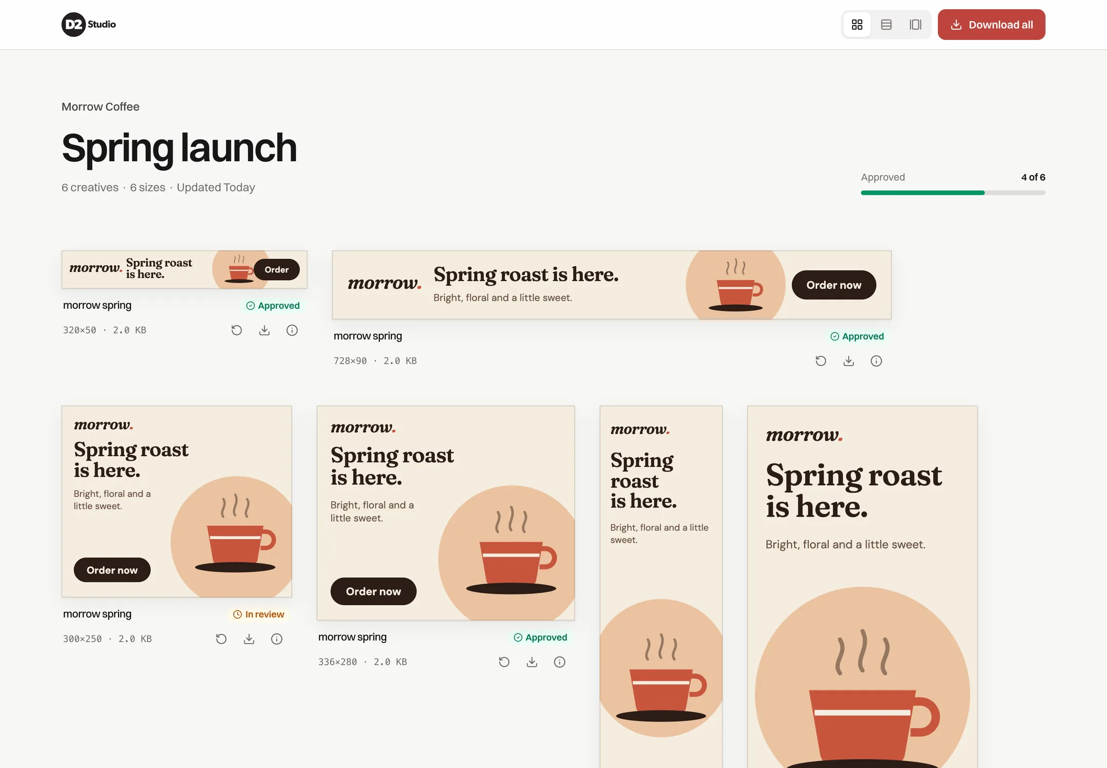 A Previewer page for a demo campaign: six coffee banners in standard sizes, four approved and two in review.